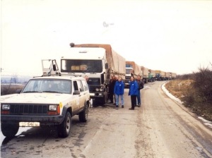 A humanitarian aid convoy in Kosovo, Winter 1999. Note the snow on the ground, and the armored Jeep convoy escort.